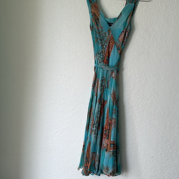 Teal, gold patterned belted silk cocktail dress.   Jones of NY. Never worn 💙🤎 - Picture 6 of 9